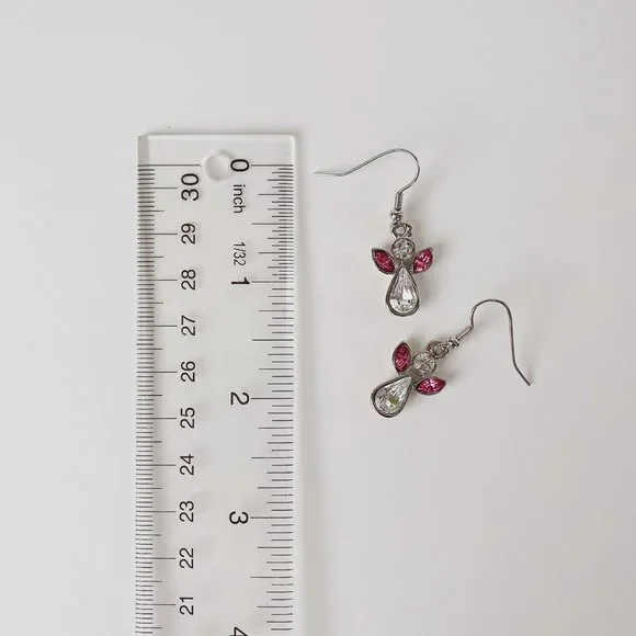 Dainty Silver Angel Crystal Rhinestone Pink Wings October Birthstone Earrings - Picture 7 of 7